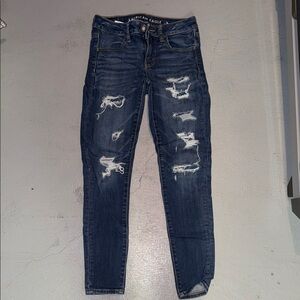 American Eagle Outfitters Men's Dark Blue Ripped Skinny Jeans